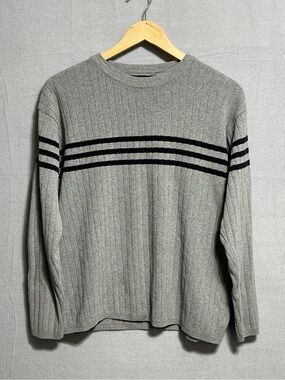 Salty Dog Men’s L Gray Ribbed Cotton Sweater Black Stripe Crewneck
